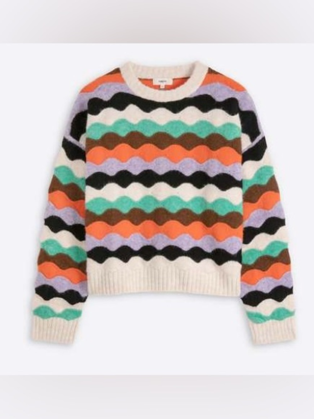 SUNCOO Striped Wave Crewneck Sweater in Cream, Orange & Green
